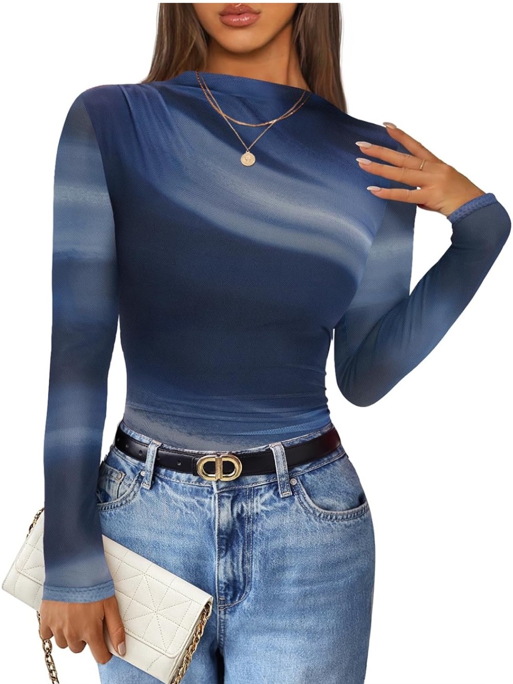 NEW Zesica Navy Sheer Mesh Long-Sleeve Women's Top